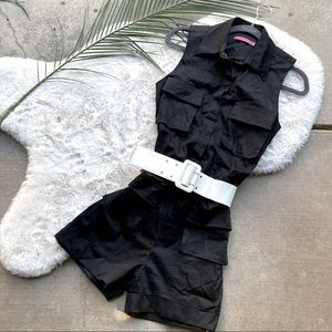 black button down sleeveless romper w/ white belt